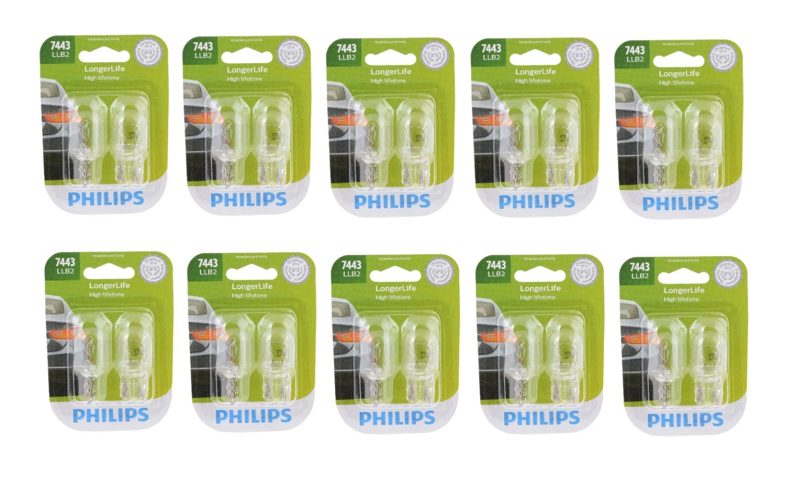 Set of 10 Philips LongerLife Miniature Bulbs 7443LLB2 (13.5V/5.4W)