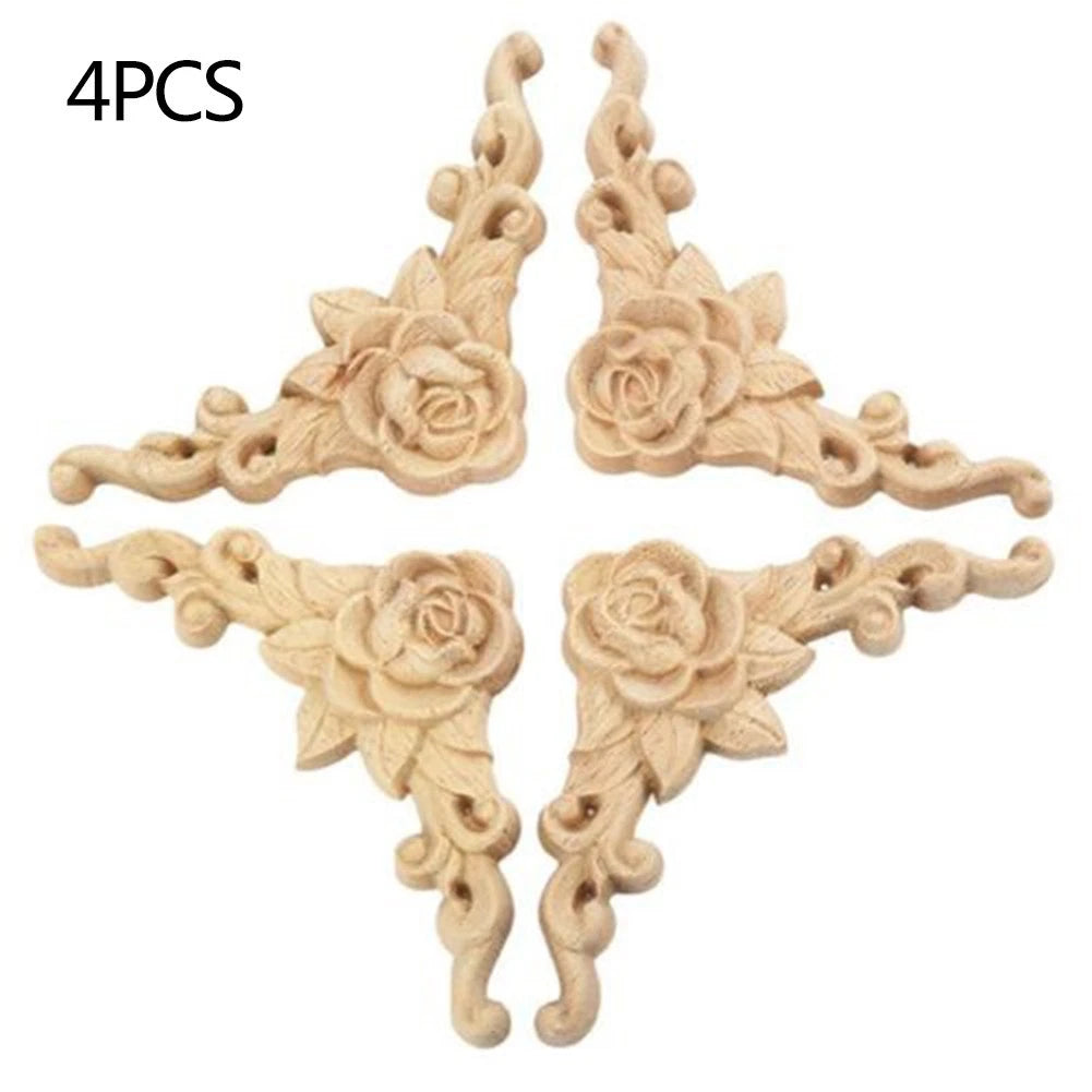 Set of 4 Wood Carved Onlay Applique for European Style Decor (Unpainted)