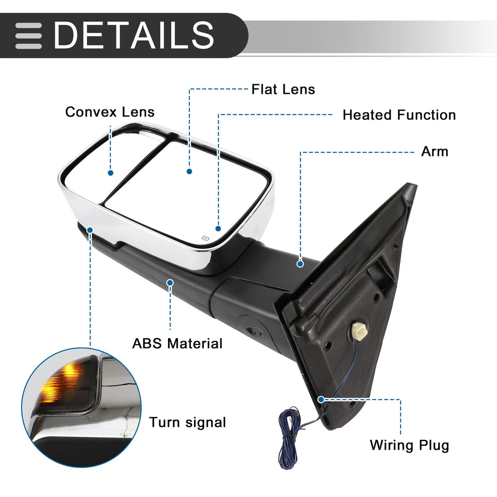 Tow Mirrors for Dodge Ram 1500 (1 Pair, Turn Signal Light, Silver Tone)