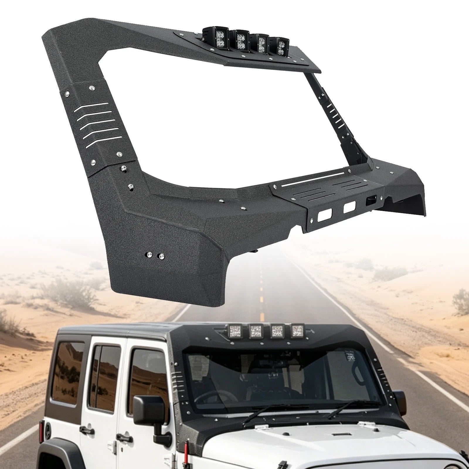 Windshield Frame Cover Cowl Armor with LED Lights for Jeep Wrangler JK (2007–2018)