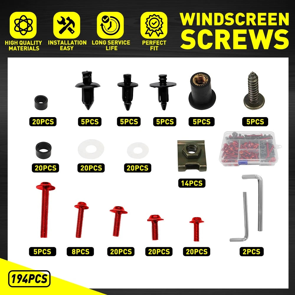 190pcs Aluminum Fairing Bolts Kit for Yamaha YZF R1 (1998–2021) YZF R6 (1999–2020) Red