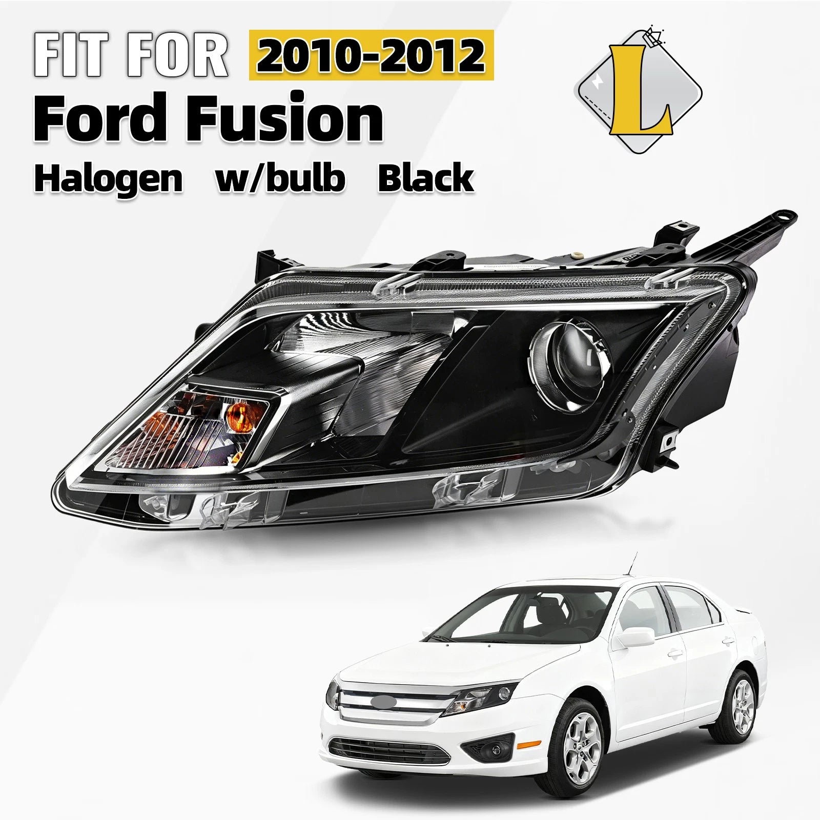 Halogen Headlight for Ford Fusion (2010–2012) Left Side Black Projector with Bulb