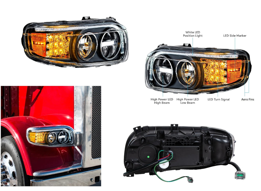 Premium Blackout LED Headlights w LED DRL Turn for Peterbilt 388 389 (2015–2025)