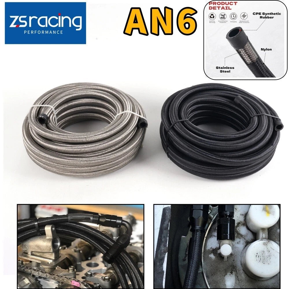 6AN AN6 Nylon Stainless Steel Braided Oil/Gas/Fuel Line Hose