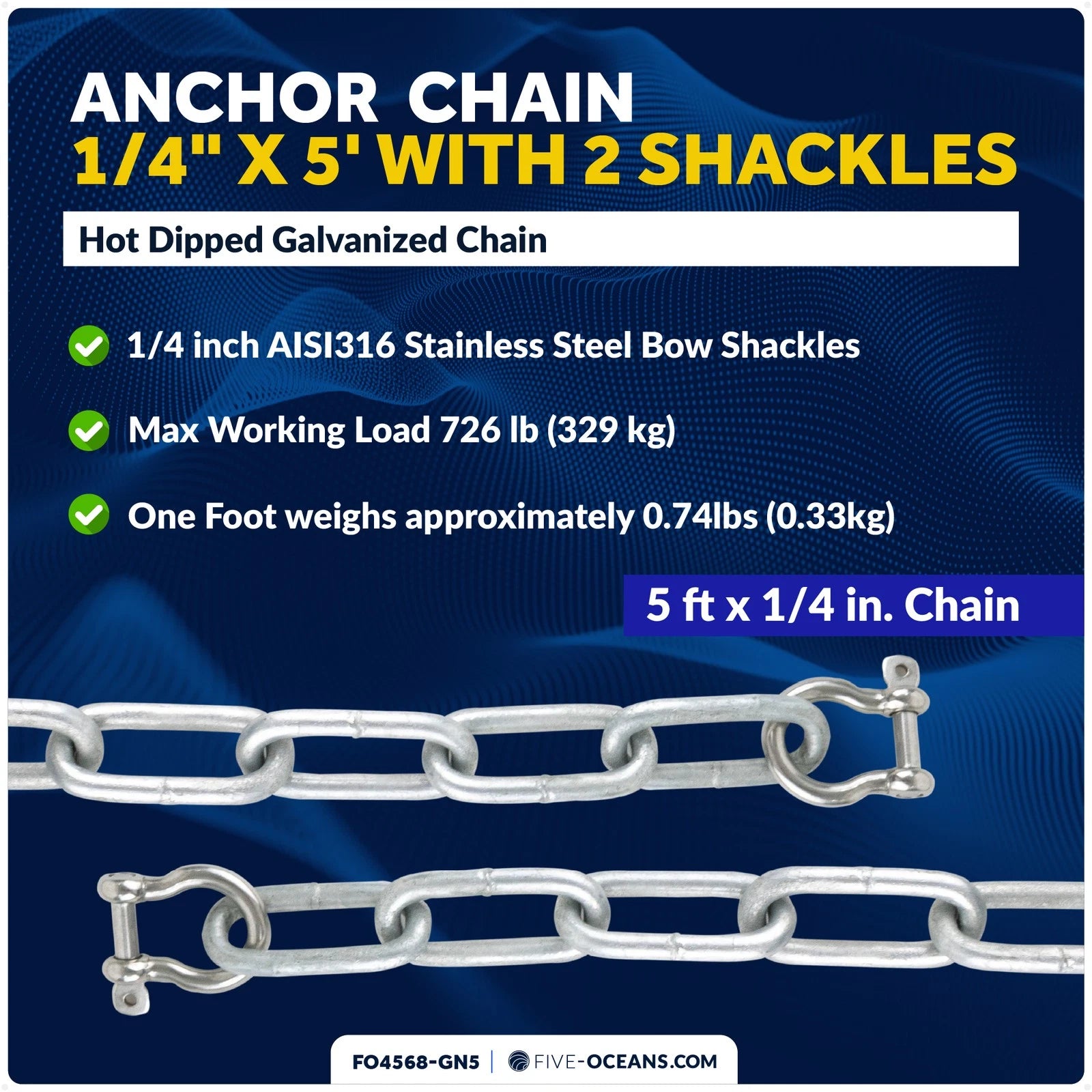 Anchor Lead Chain 1/4" x 5' Hot-Dipped Galvanized with Shackle for Boats
