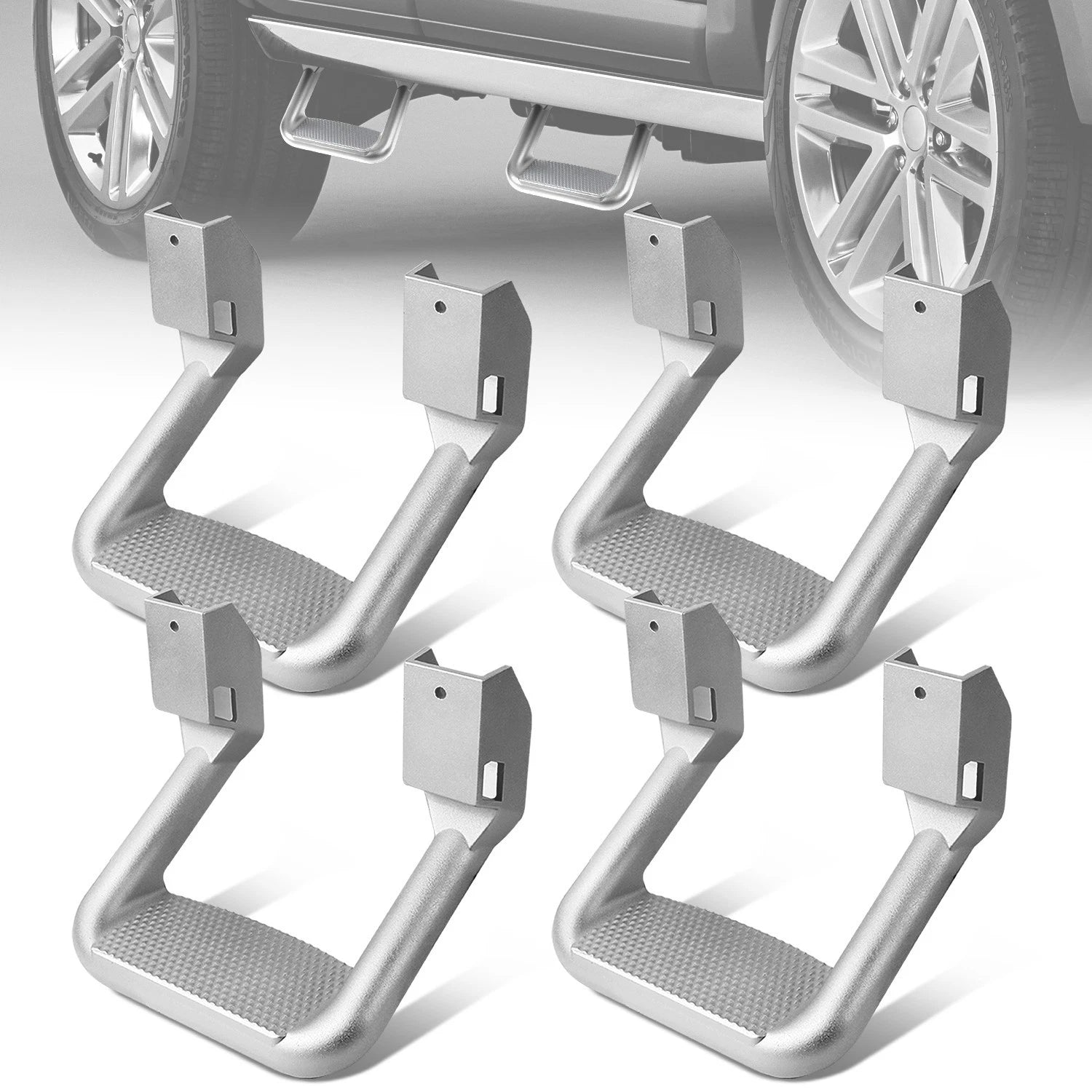Set of 4 Silver Powder-Coated Cast Aluminum Side Steps for Ford/Chevy/GMC/Dodge