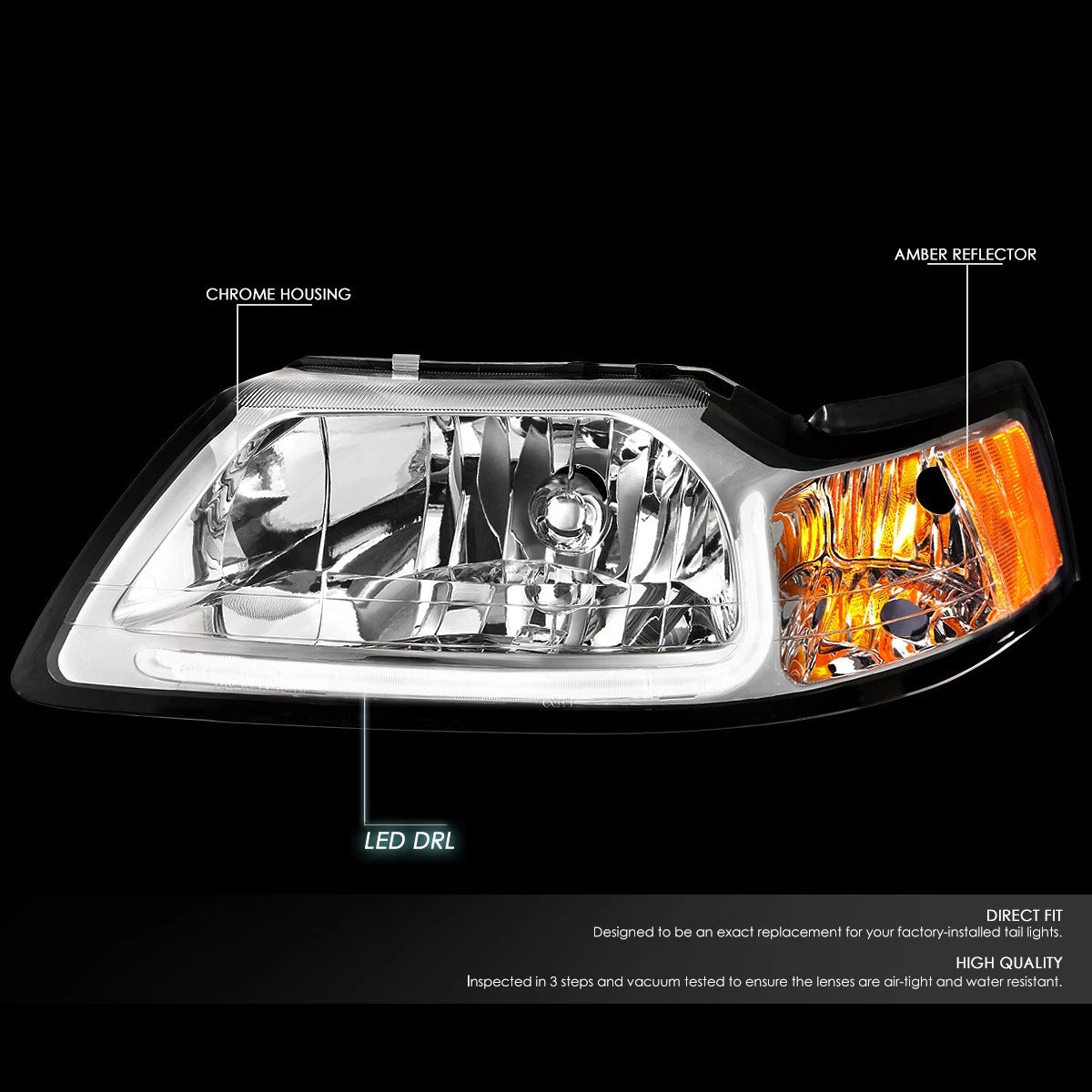 LED DRL Headlights for Ford Mustang (1999–2004) - Chrome Housing, Amber Corner