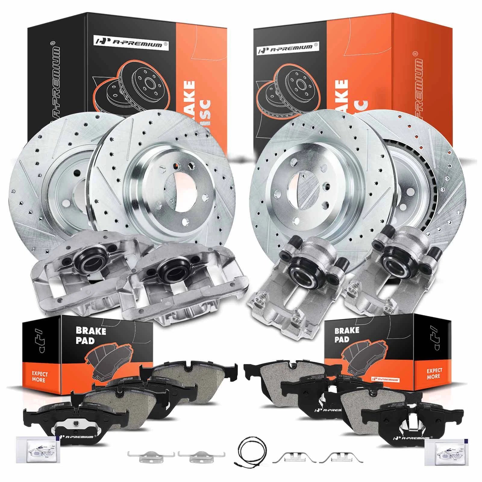 Set of 16 Drilled Brake Rotors & Pads with Calipers for BMW 335d 335i (2007–2013)