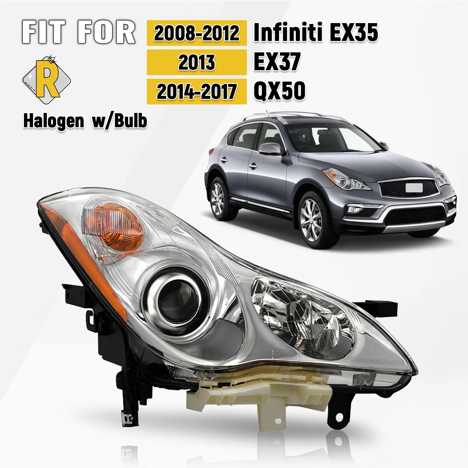Halogen Headlight Right Side for Infiniti EX35 EX37 QX50 (2008–2017)