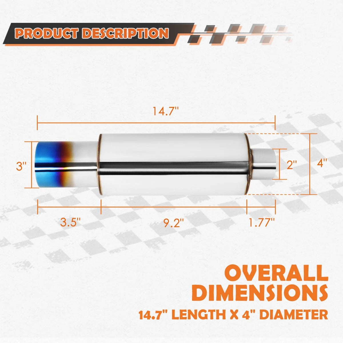 Stainless Steel Exhaust Muffler with 3" OD Burnt Tip for Universal (All Models)