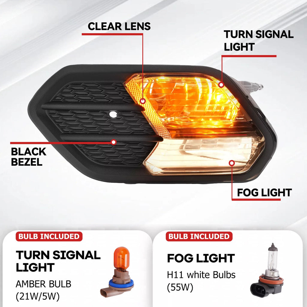 Left Driver Side Bumper Fog Light w/Bulbs & Black Cover for Ford Escape (2017–2019)