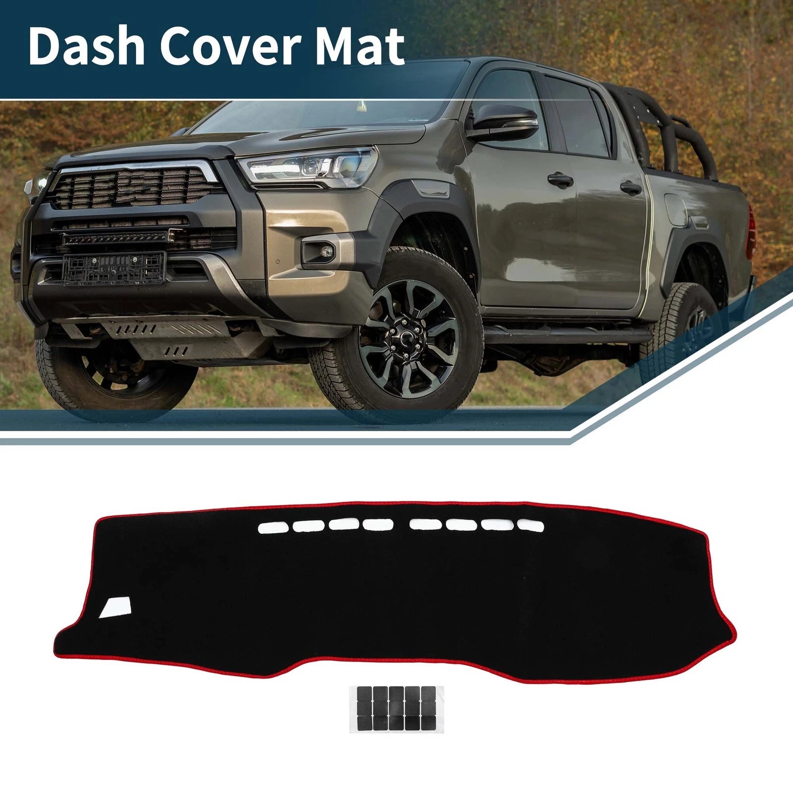 Dashboard Cover Mat for Toyota Hilux (2017–2020) with Sticker Black Red
