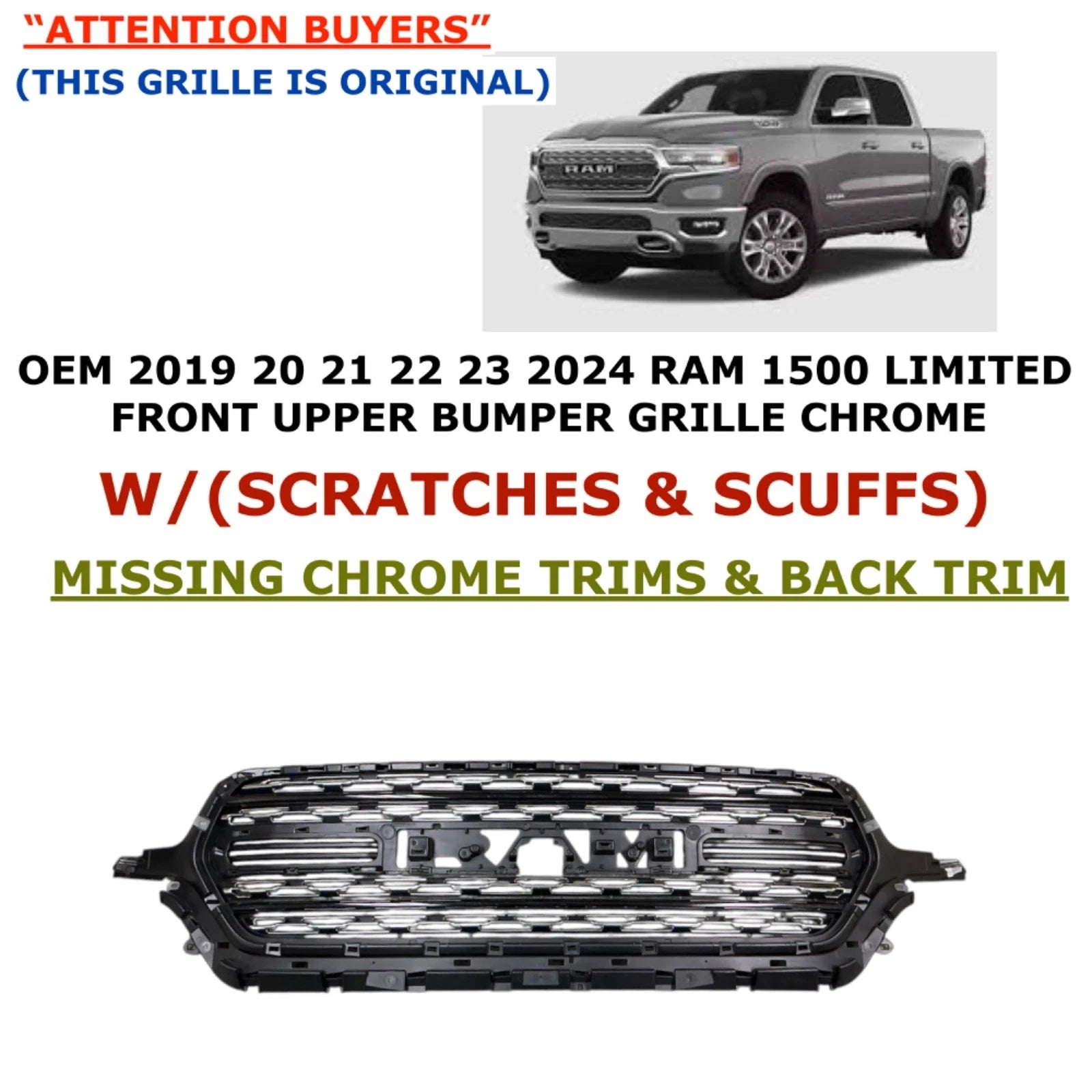 Front Upper Bumper Grille for RAM 1500 Limited (2019–2024) 6JU73TRMAH