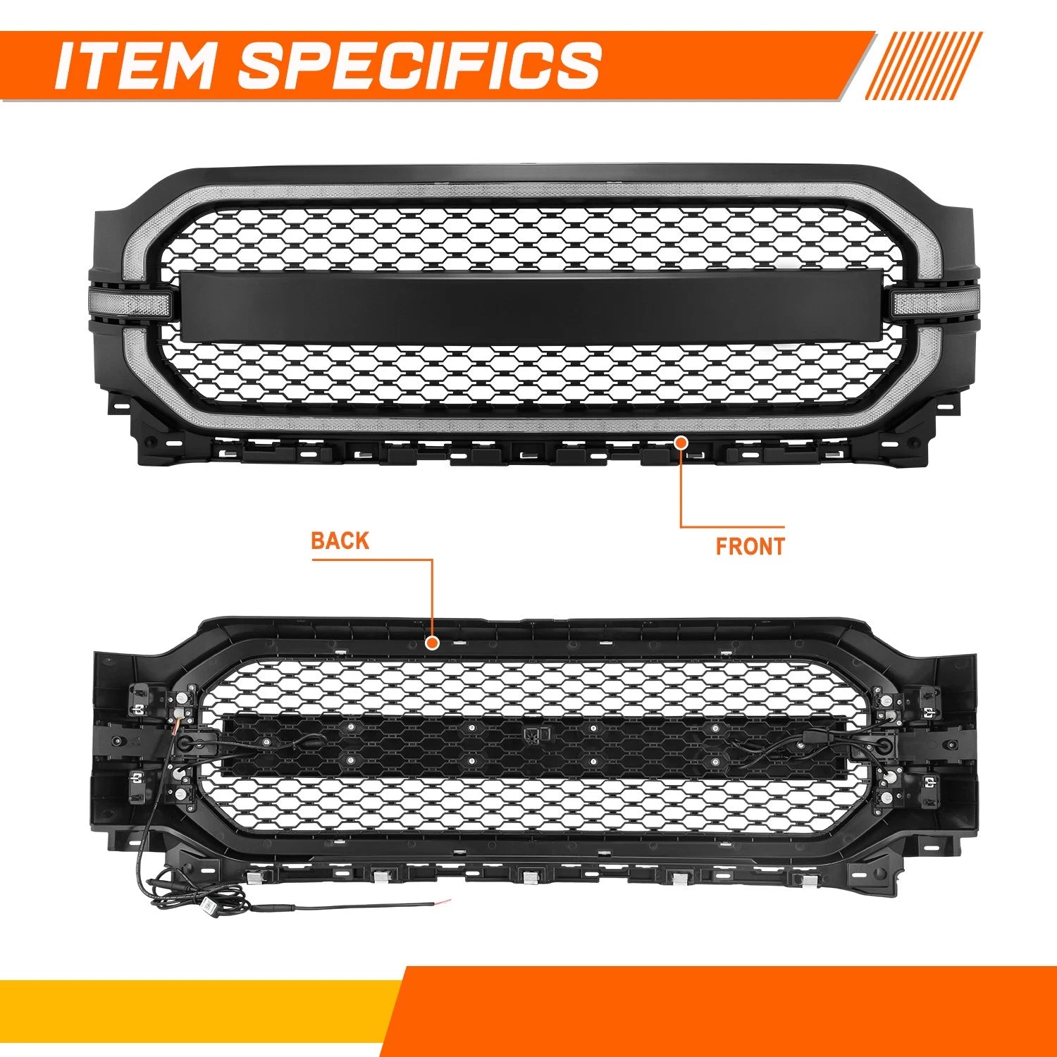 Badgeless Honeycomb Mesh Front Bumper Grille for Ford F-150 (2021–2023) w/RGB LED DRL