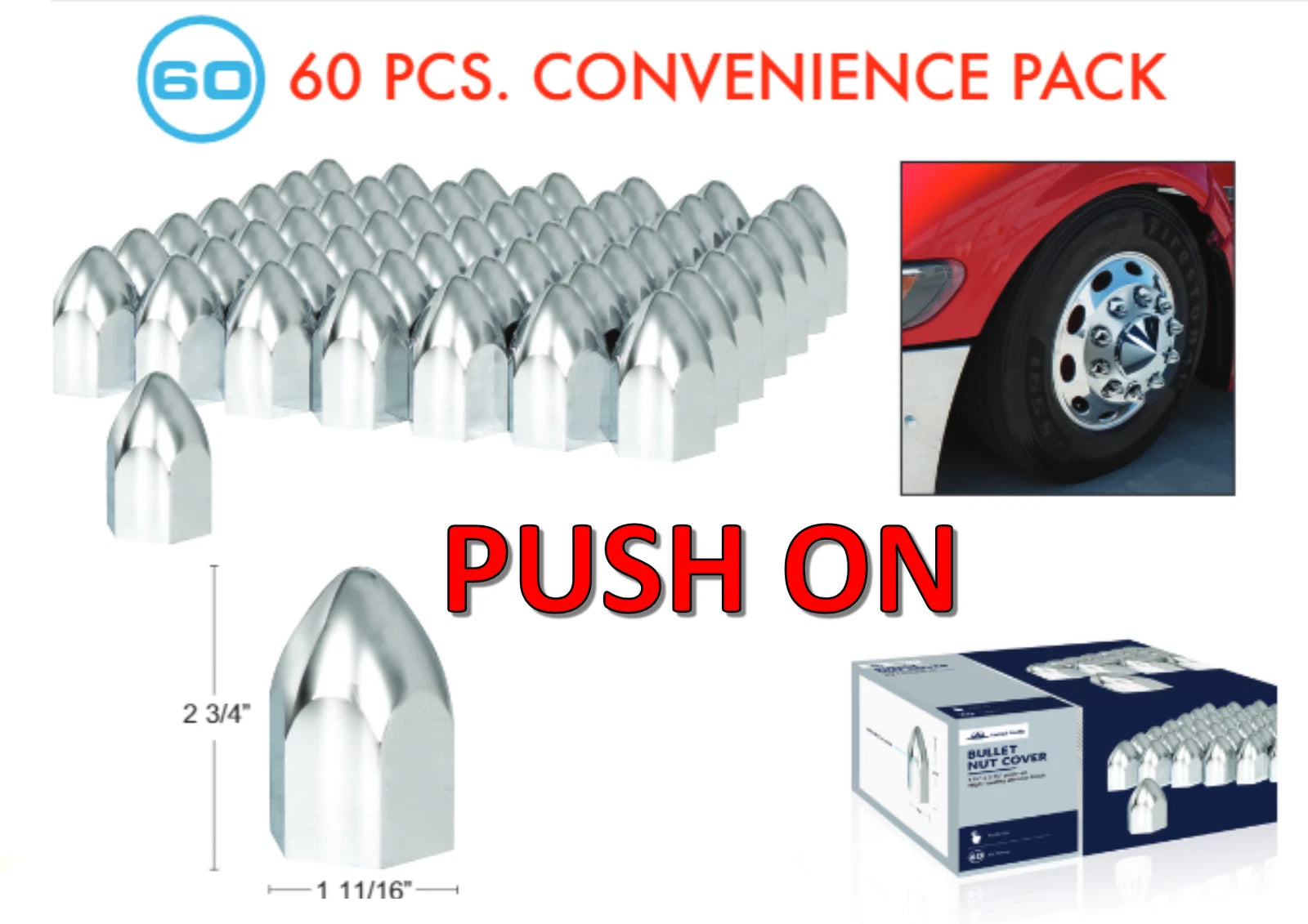 Chrome Bullet Lug Nut Covers 1-1/2" Push-On 60-Pack for Universal (1990–2025)