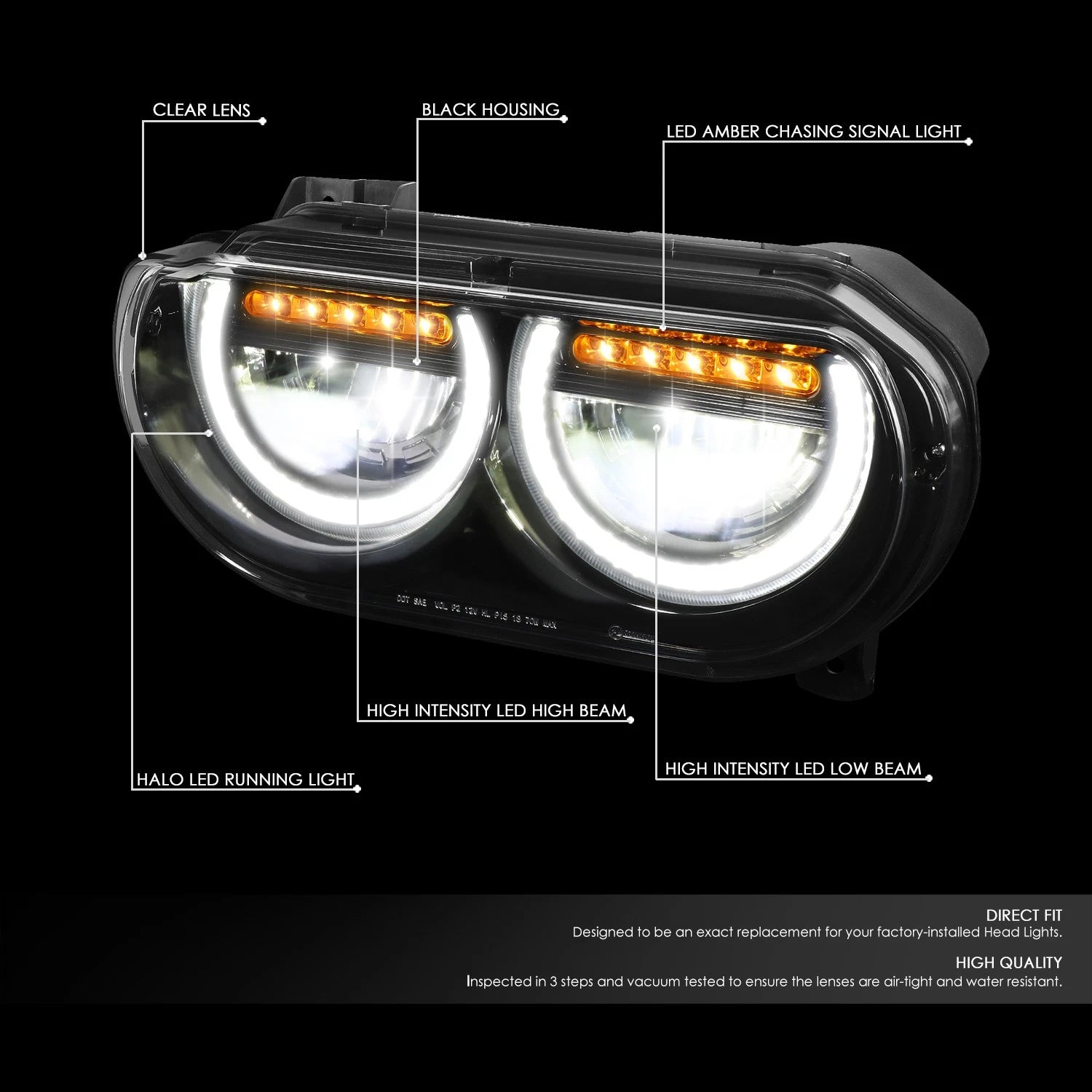LED DRL Sequential Turn Signal Headlight Lamps for Dodge Challenger (2008–2014)