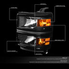 Pair of Black/Amber Signal Headlight Lamps for Chevy Silverado (2014–2015)