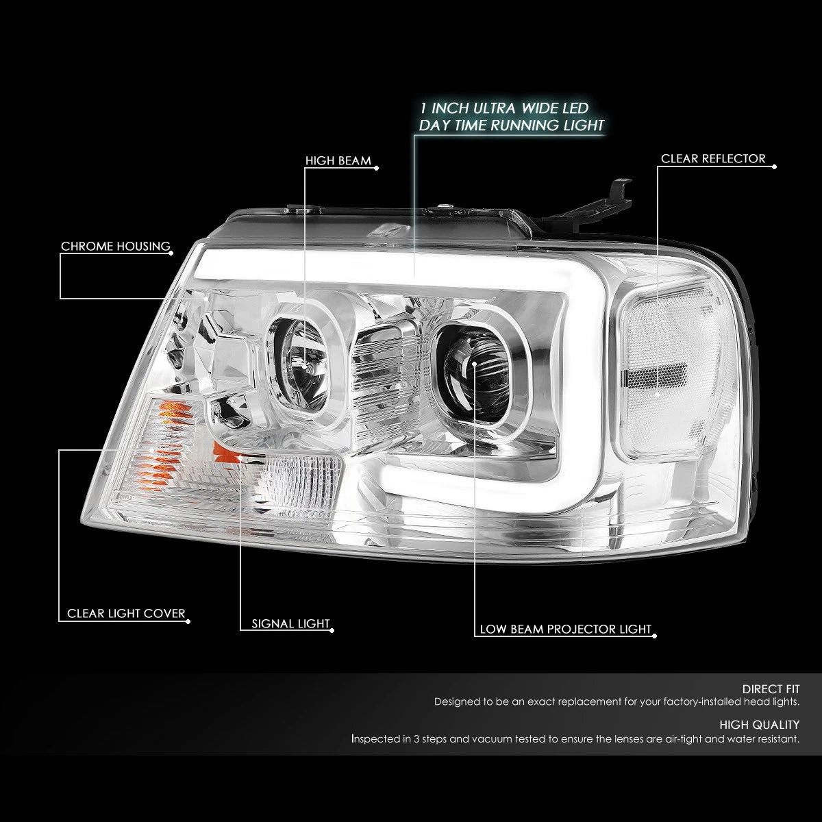 LED DRL Bar Chrome Projector Headlights for Ford F-150 (2004–2008)