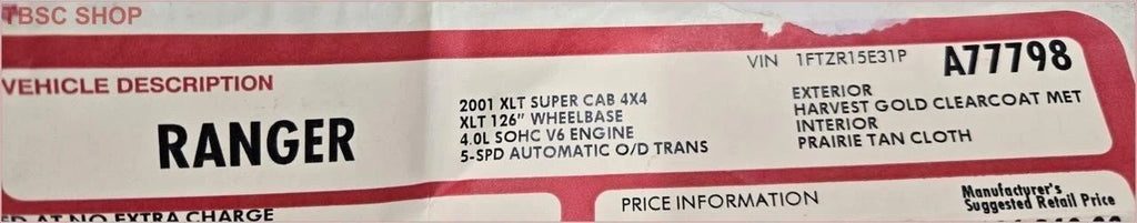 Original Dealer Window Sticker for Ford Ranger 4X4 2001