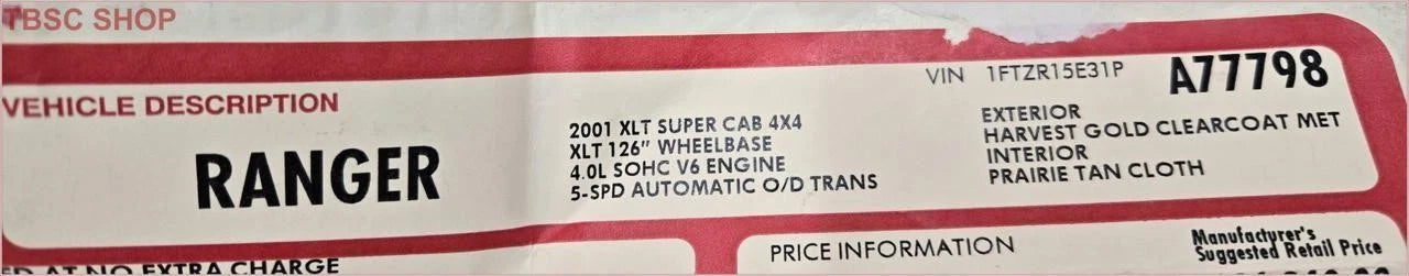 Original Dealer Window Sticker for Ford Ranger 4X4 2001
