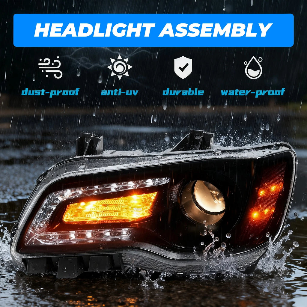 Set of 2 Black LED DRL Projector Headlights for Chrysler 300 (2011–2023)