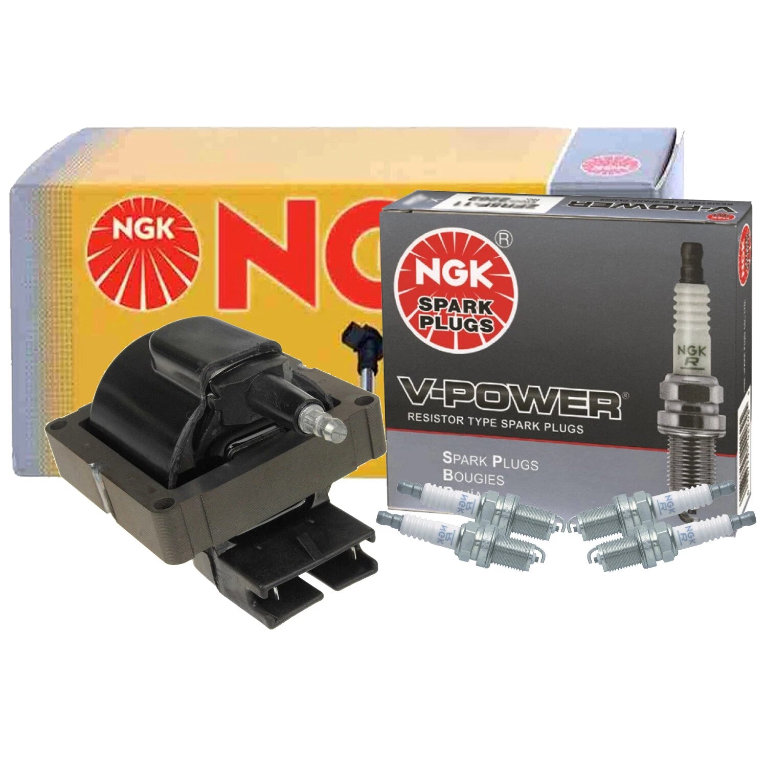 NGK HEI Ignition Coil & 4 V-Power Platinum Spark Plugs for Ford Probe (1993–1997)