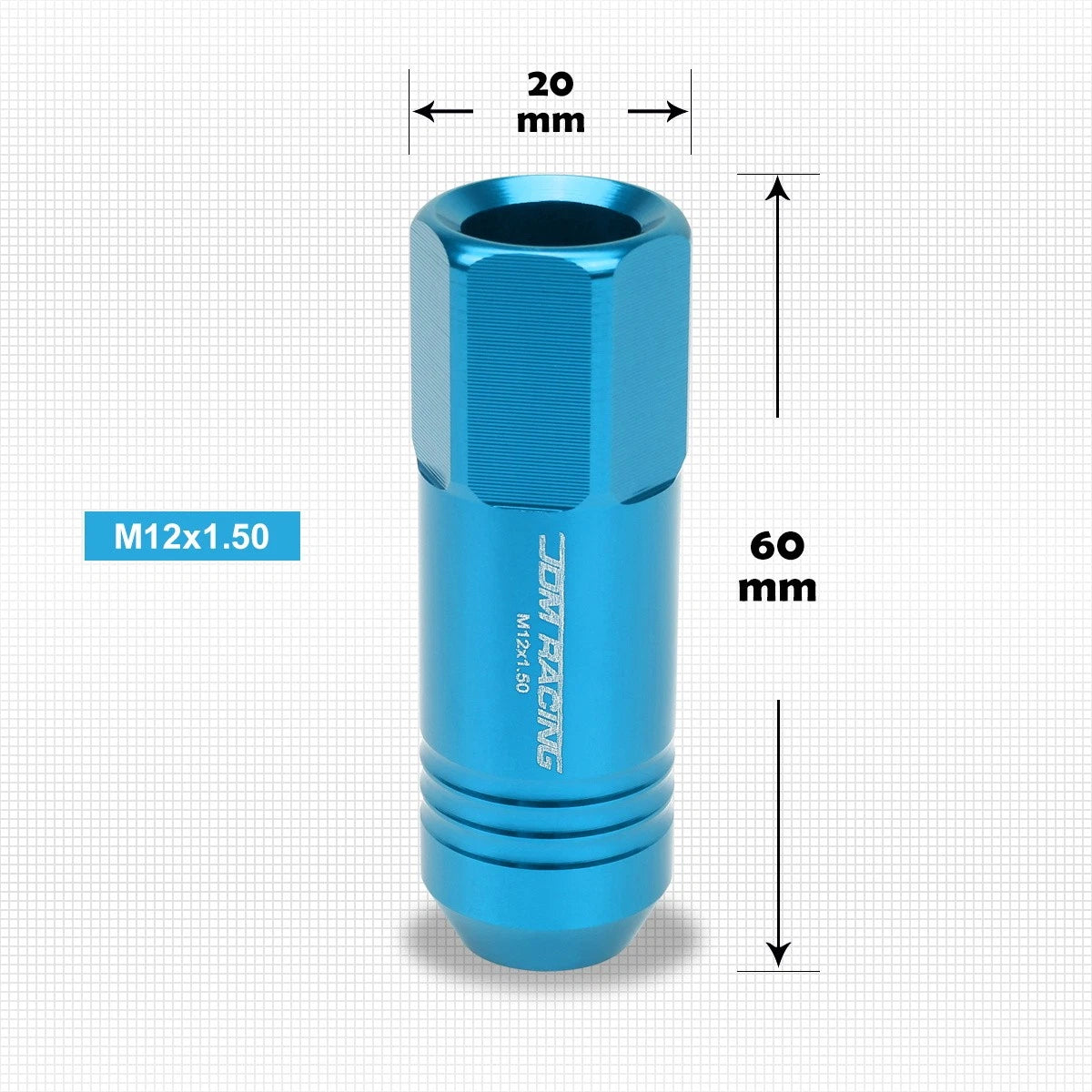 Set of 20 M12X1.5 Sky Blue JDM Open End Conical Wheel Lug Nuts + Extension 20mm