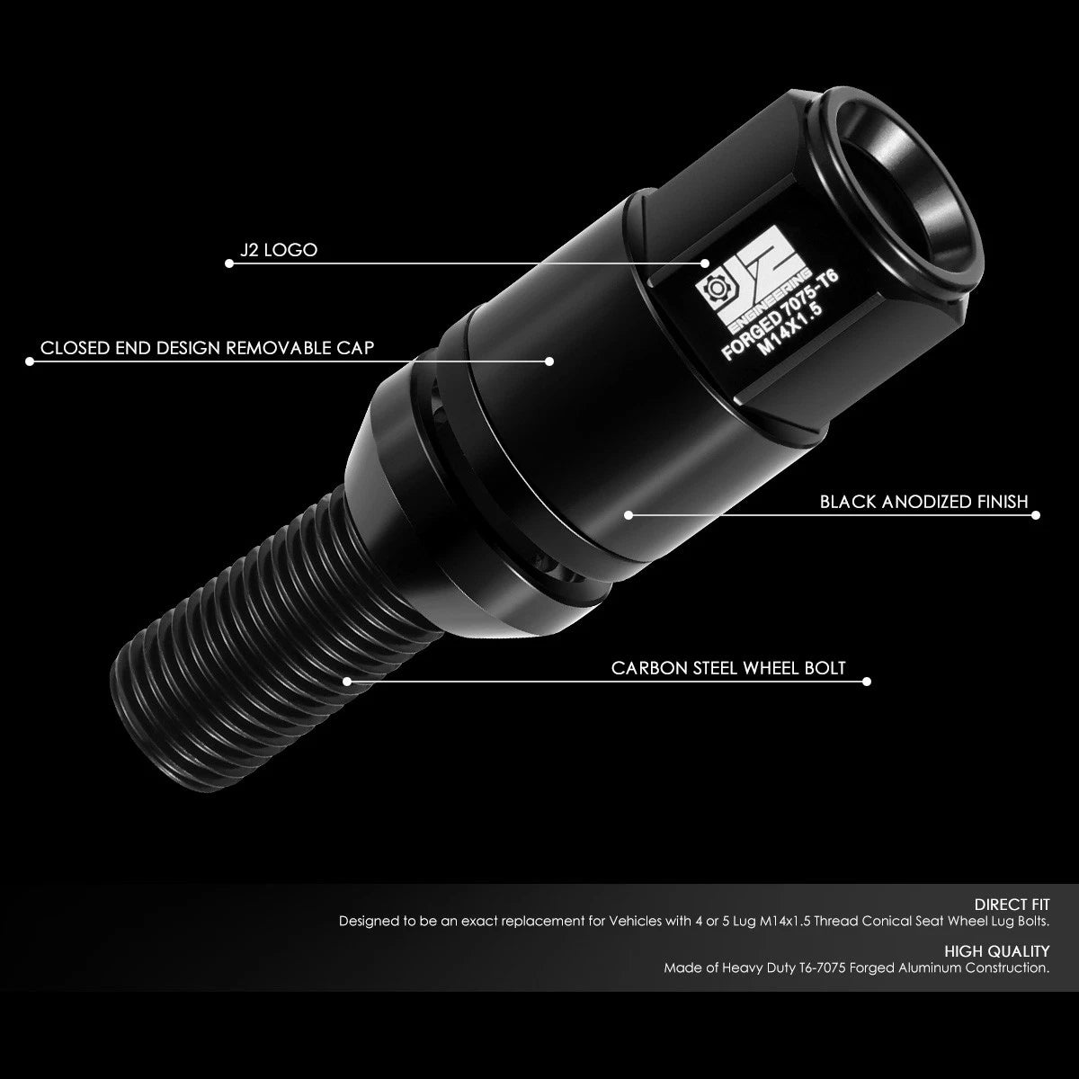 20Pcs Closed End Lug Nuts M14x1.5 for J2 (Black)