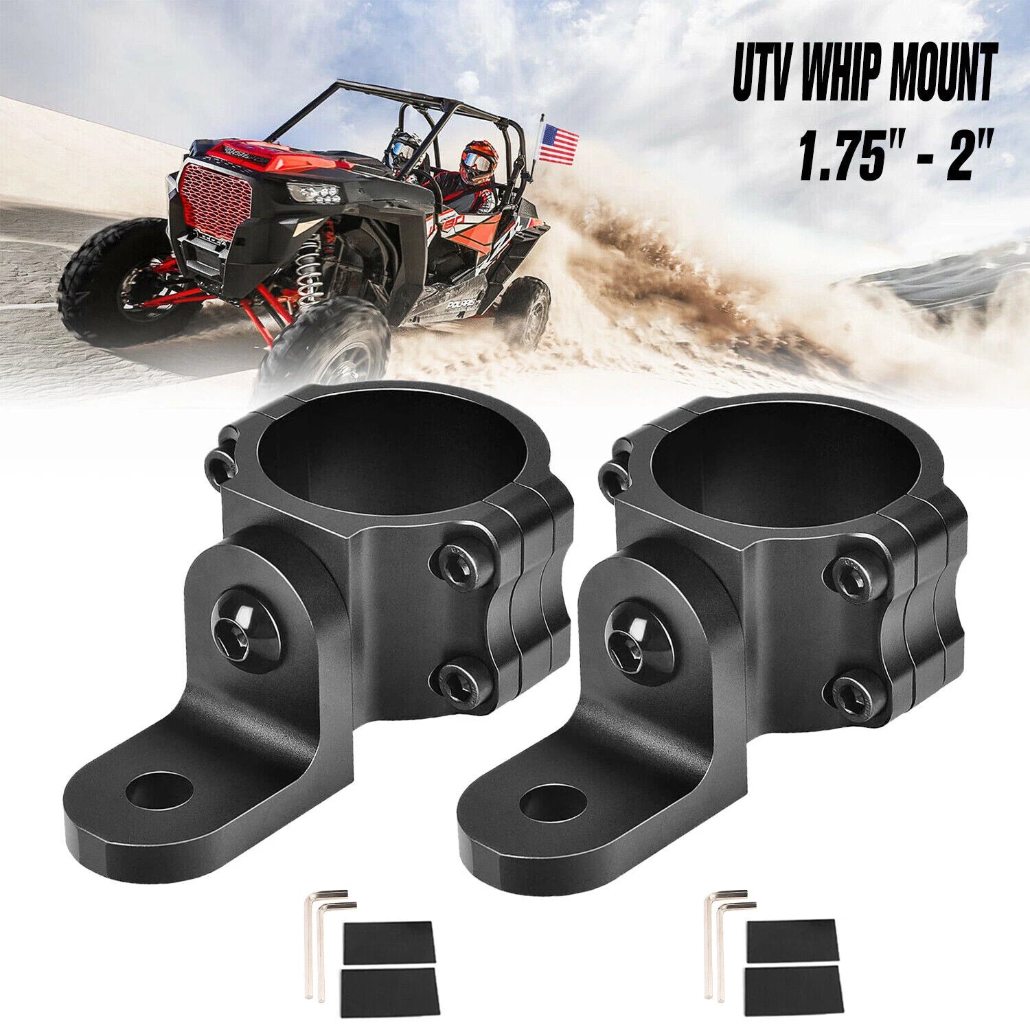 2X Mount Bracket for UTV ATV RZR (LED Whip Light Bar 1.75" to 2" Rollbar)