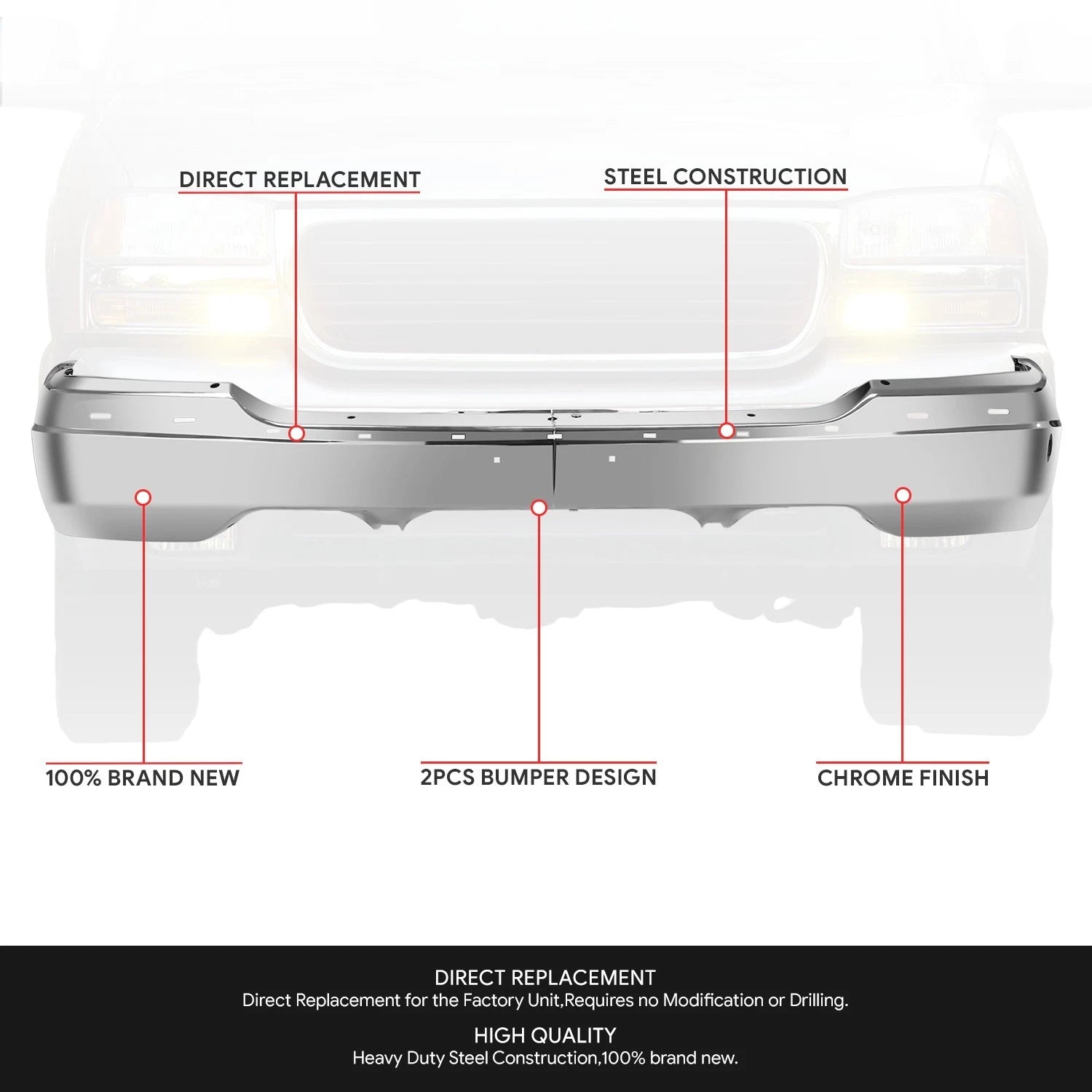 Chrome Front Bumper Face Bar for GMC Sierra Yukon (1999–2006)