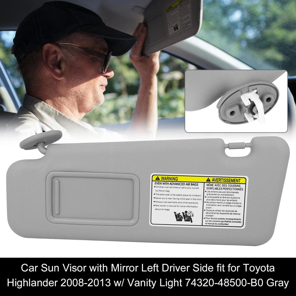 Left Sun Visor for Toyota Highlander (2008–2013) w/ Light 74320-48500-B0 Gray