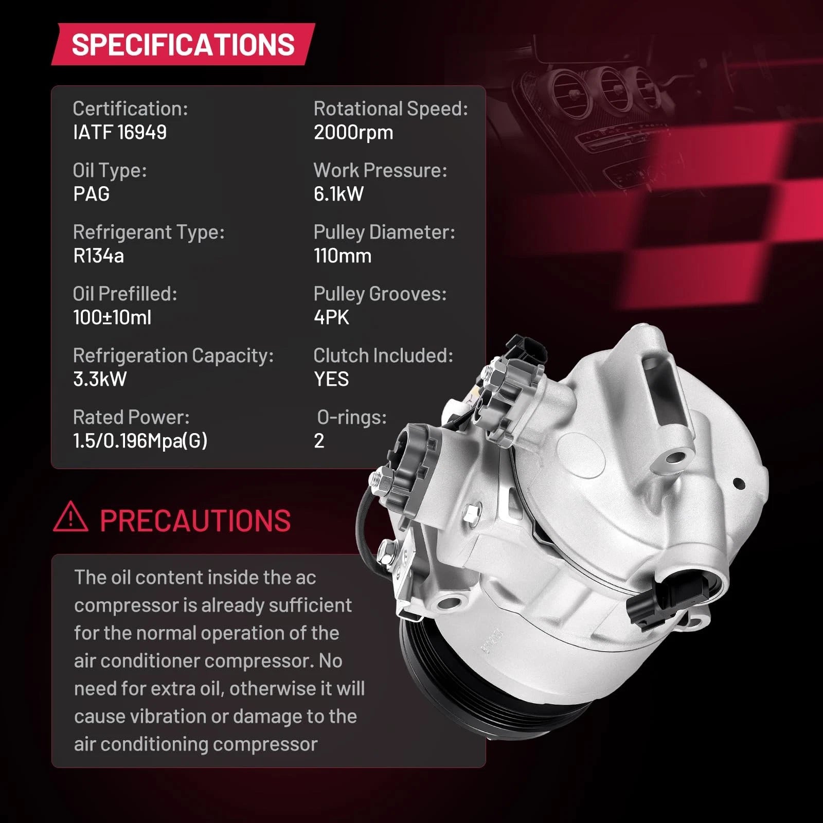 AC Compressor with Clutch & 4 Groove Pulley for Ford Explorer (2016–2019)