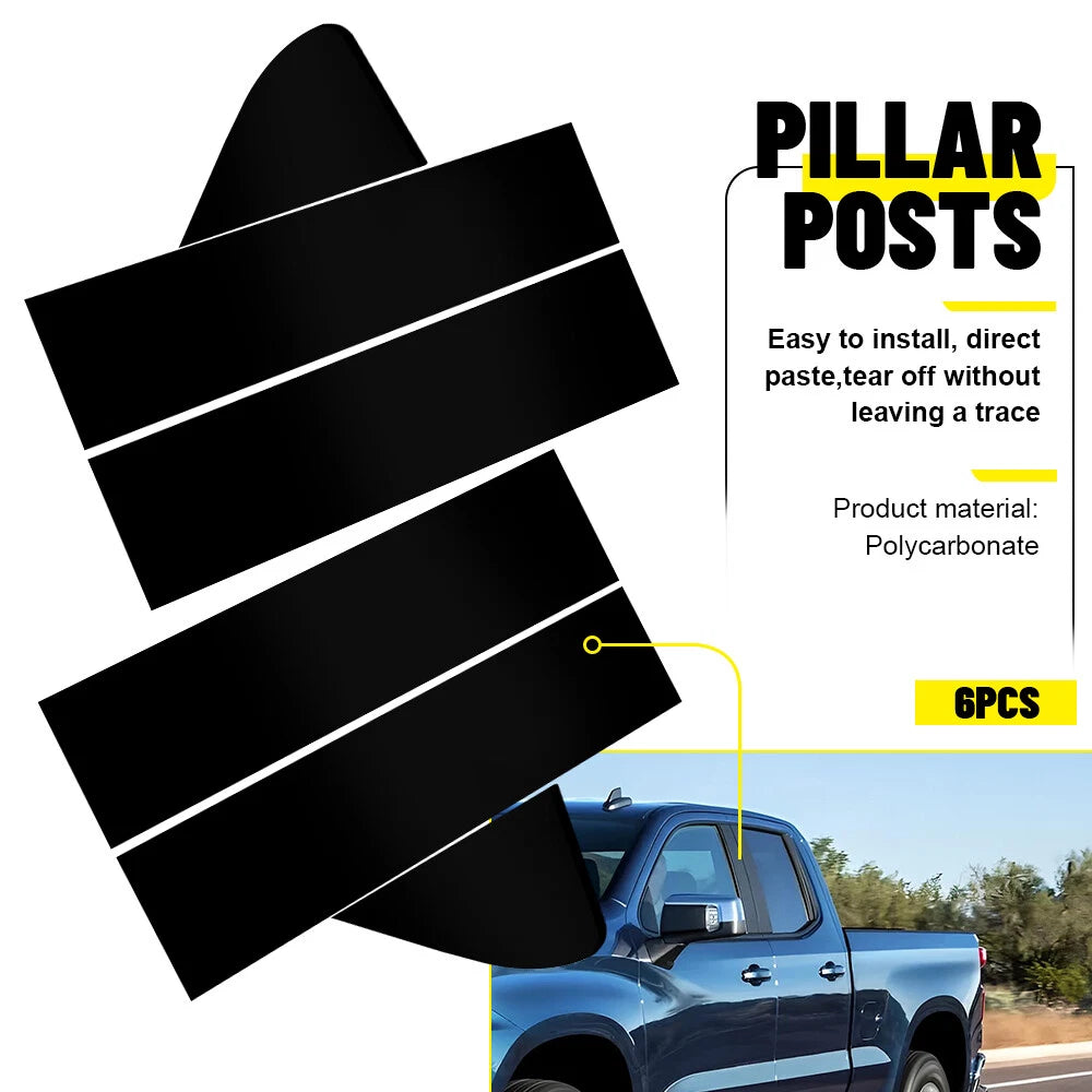 Set of 6 Black Pillar Post Window Trim for Chevy Silverado GMC Sierra 1500 (2019–2024)