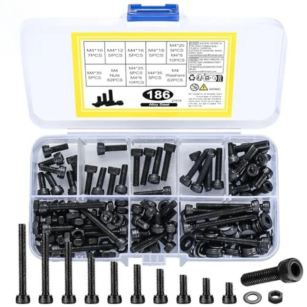 186 Pcs Hex Cap Bolts Screws Nuts Washers for Automotive Applications