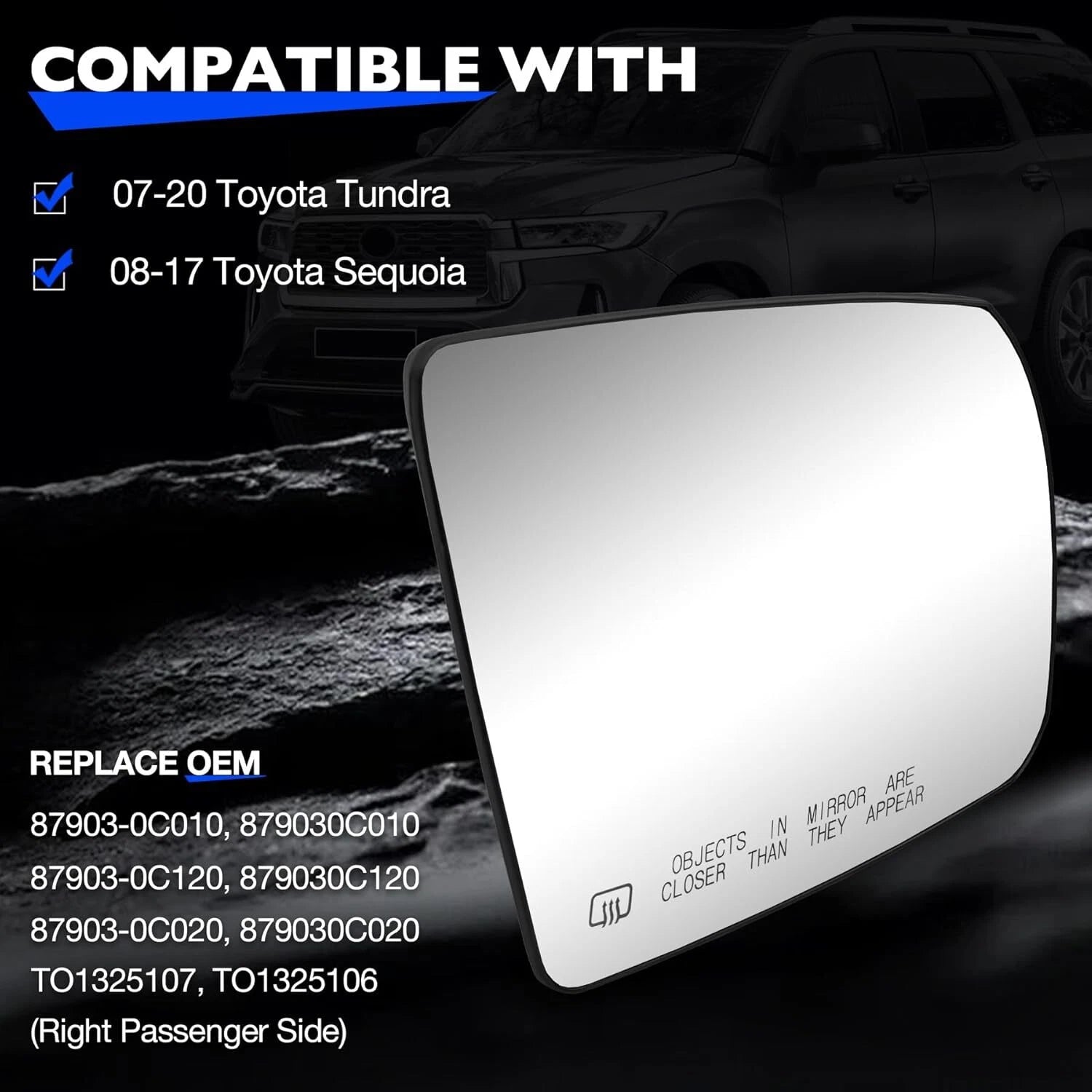 Passenger Side Mirror Glass Assembly for Toyota Tundra (2007–2021), Sequoia (2008–2017) Heated