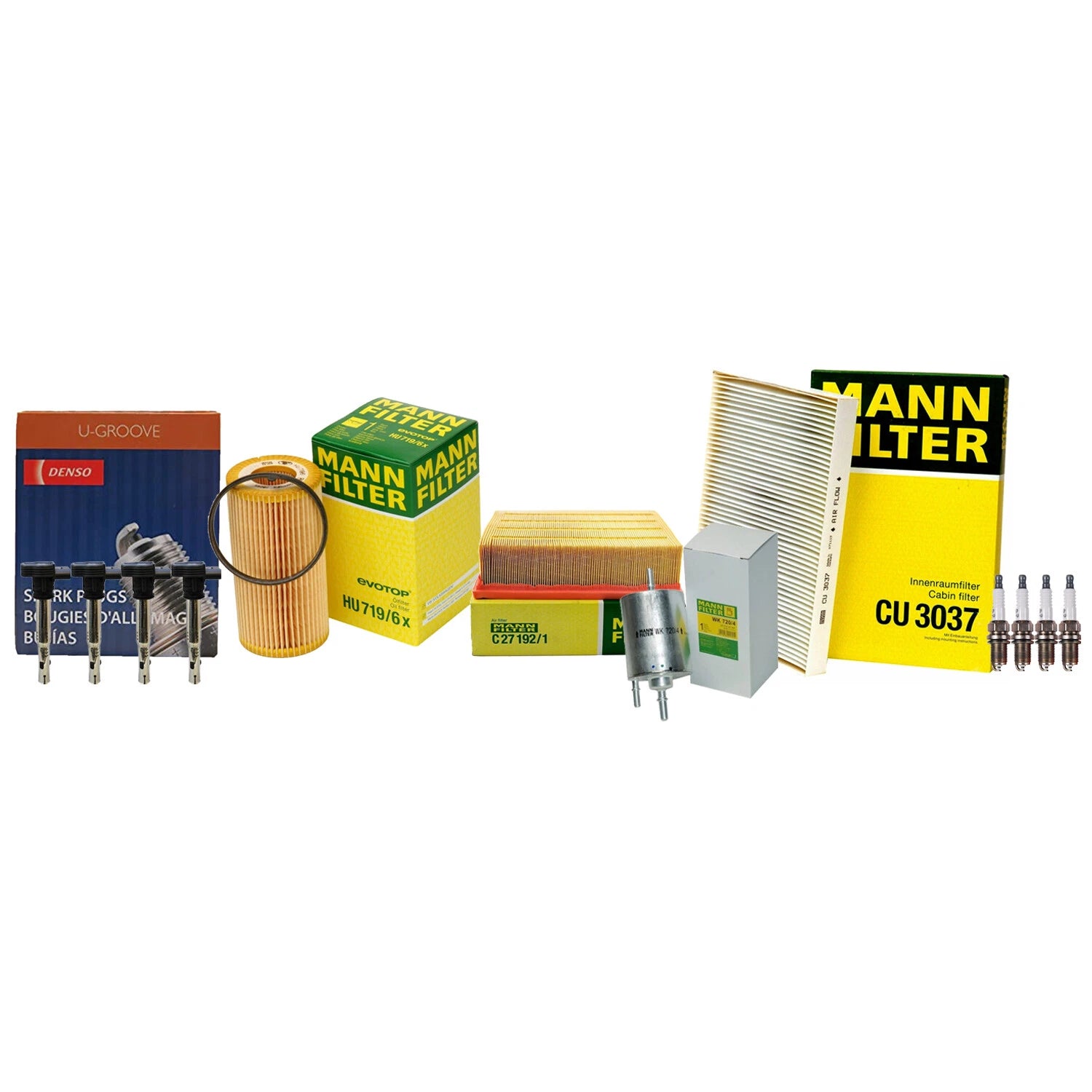 Set of 4 Mann Filters & 4 Denso U-Groove Spark Plugs for Audi 2.0