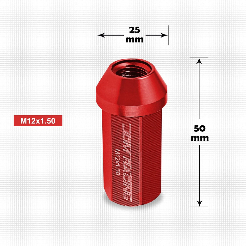 Set of 20 M12X1.5 Red JDM Closed End Aluminum Hex Wheel Lug Nuts + Extension 25mmx50mm