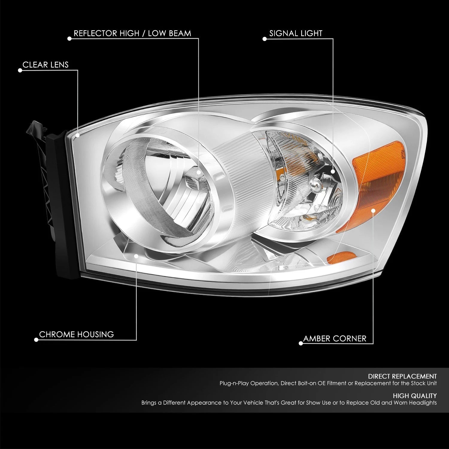 Chrome Housing Amber Corner Headlight Lamps for Dodge Ram 1500 2500 (2006–2009)