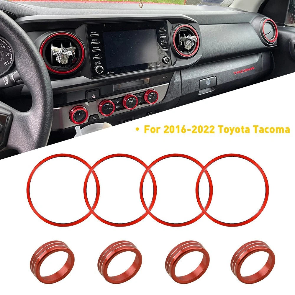 Set of 8 AC Knob Cover Trims & Vent Rings Red for Toyota Tacoma (2016–2022)