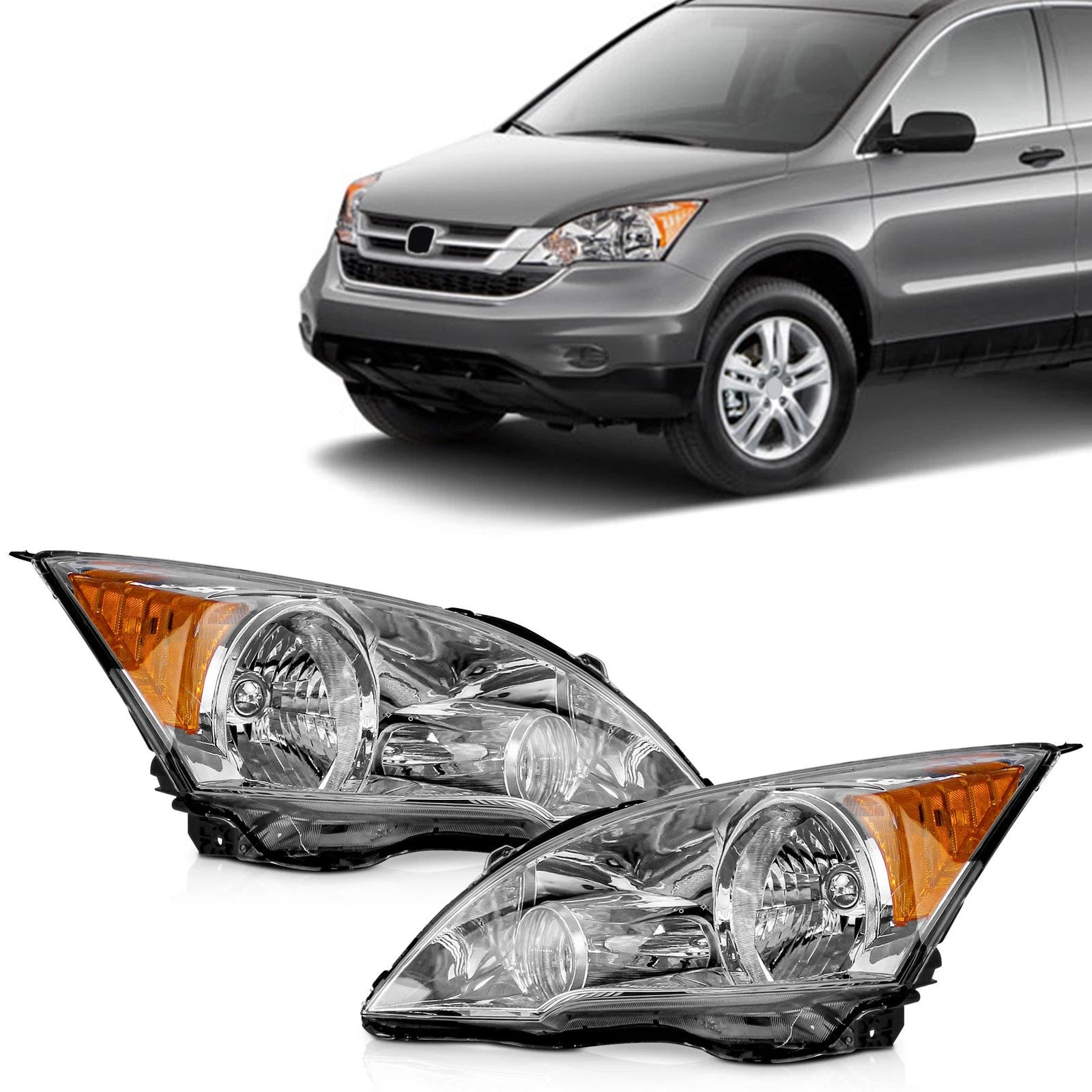 Headlight Assembly Pair Chrome Housing for Honda CR-V (2007–2011)