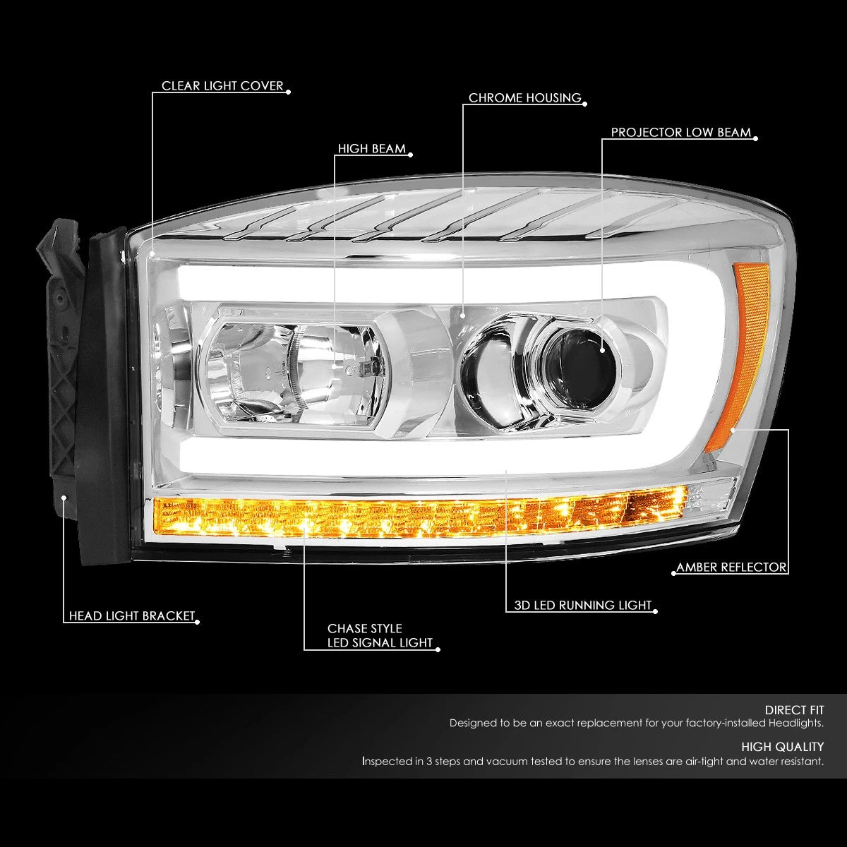 LED Sequential Chrome Amber Projector Headlight for Dodge Ram (2006–2009)