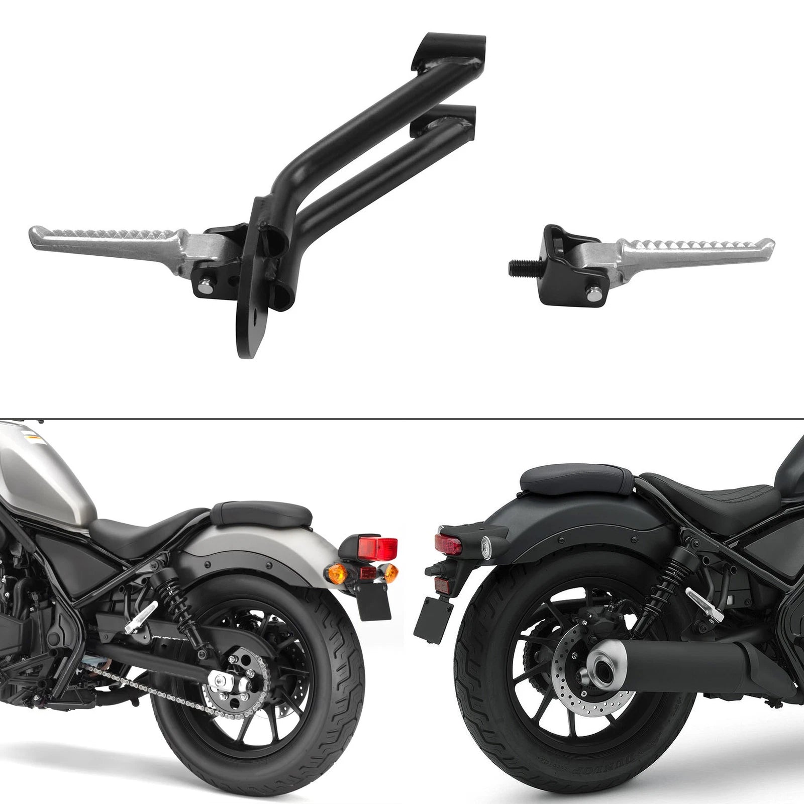 Black Passenger Footpegs Footrests for Honda Rebel CMX300 CMX500 (2017–2024)