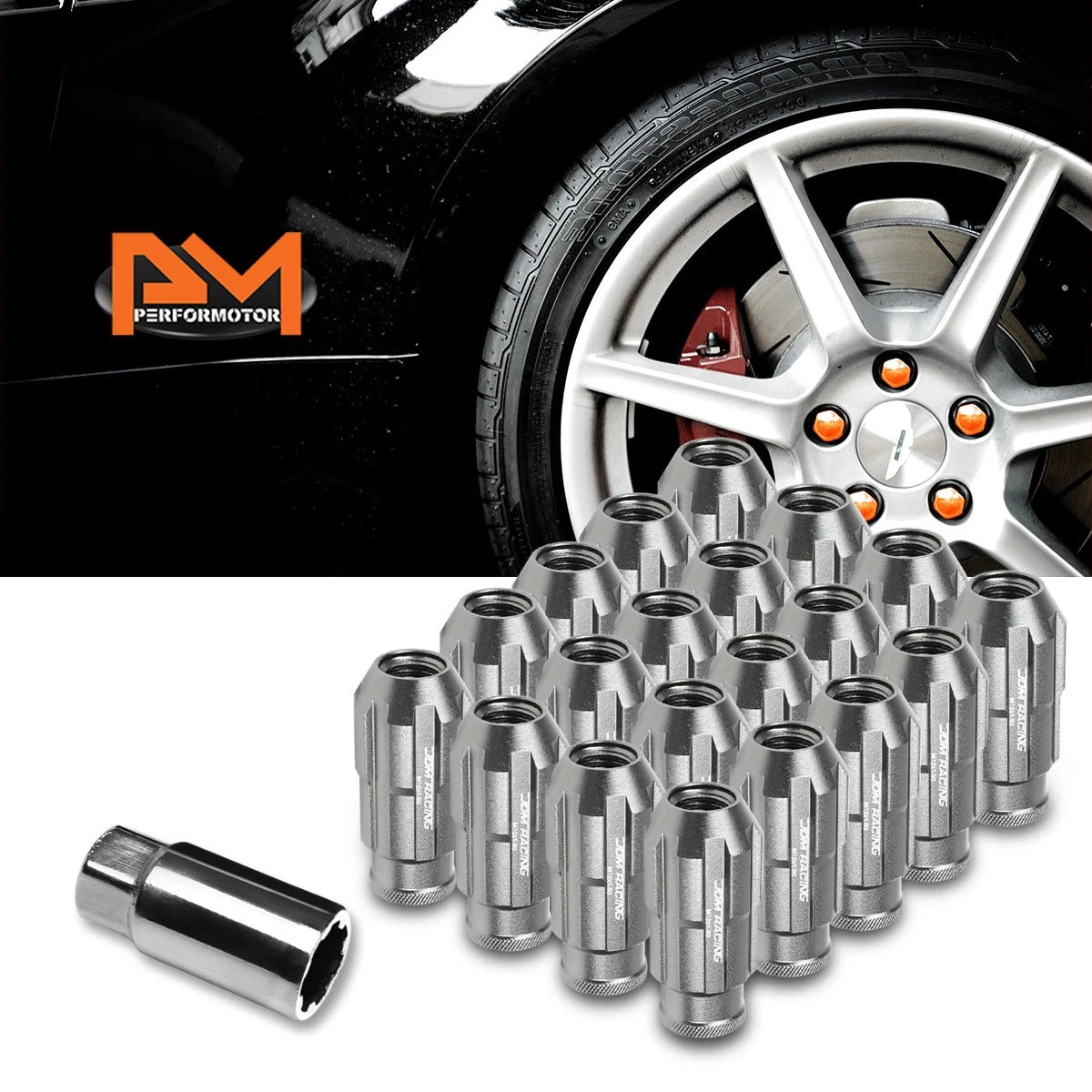 20Pc M12X1.5 Gunmetal JDM Open End Bulge Spline Wheel Lug Nut Set