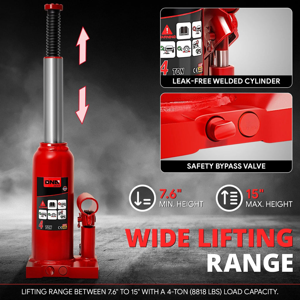 15" Red Hydraulic Bottle Jack for Automotive Repair (4 Tons)