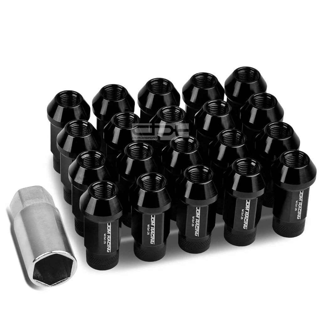 20x Open End M12x1.25 50mm Tall Black Aluminum Lug Nuts + Adapter