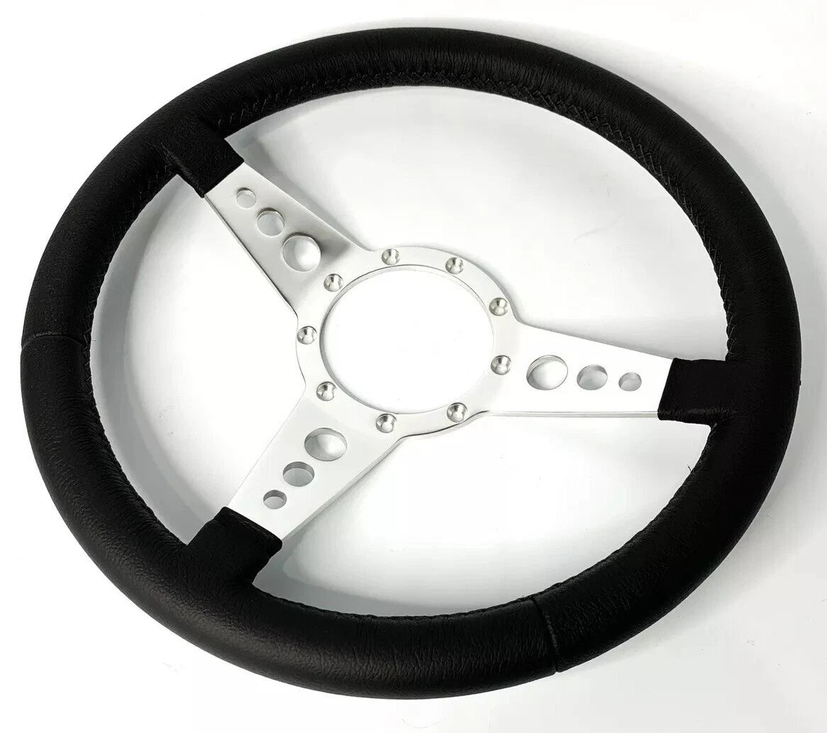 Polished 14 Inch Drilled 3 Spoke Steering Wheel with Leather Grip for 9 Hole