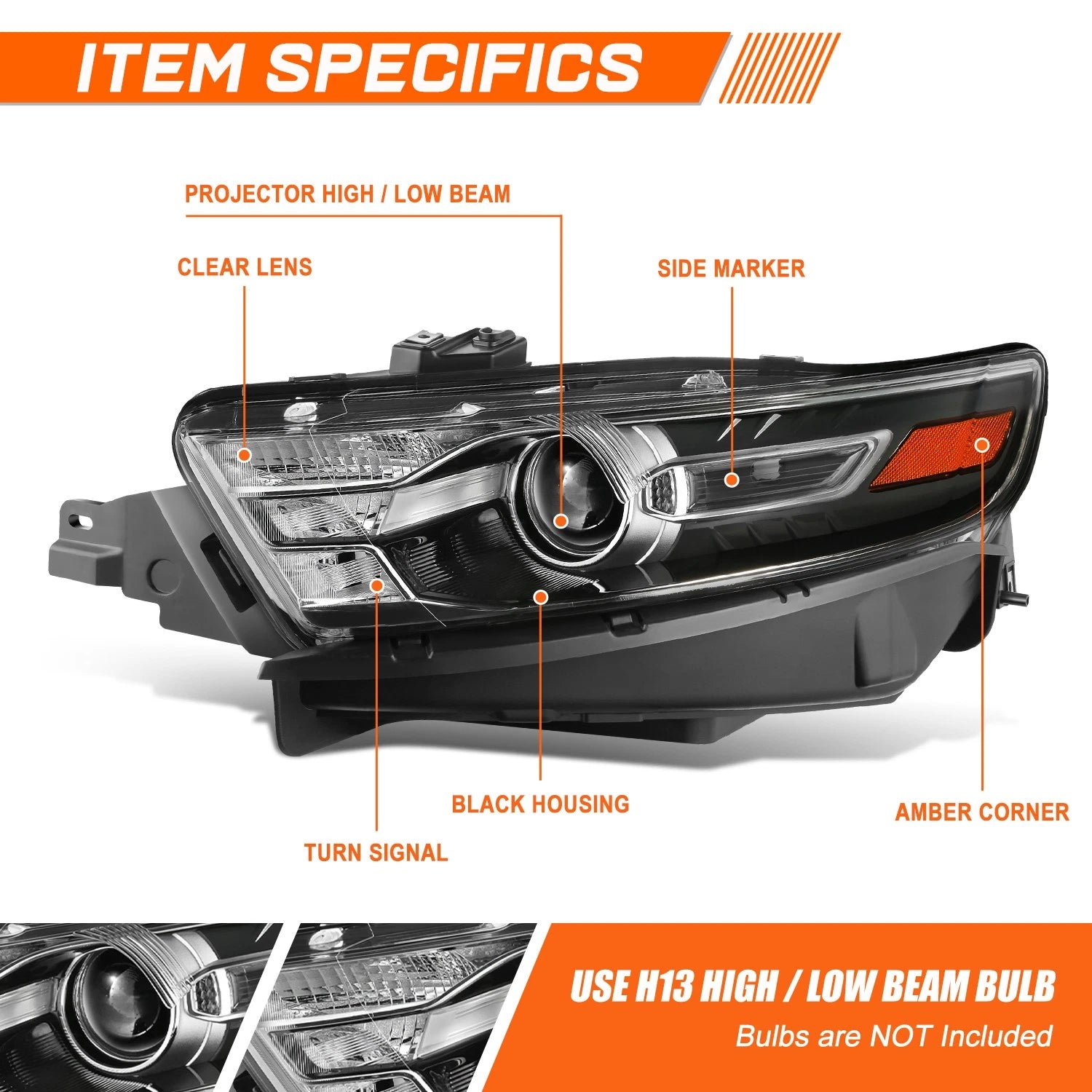 OE Style Black Housing Amber Corner Projector Headlights for Ford Taurus (2013–2019)