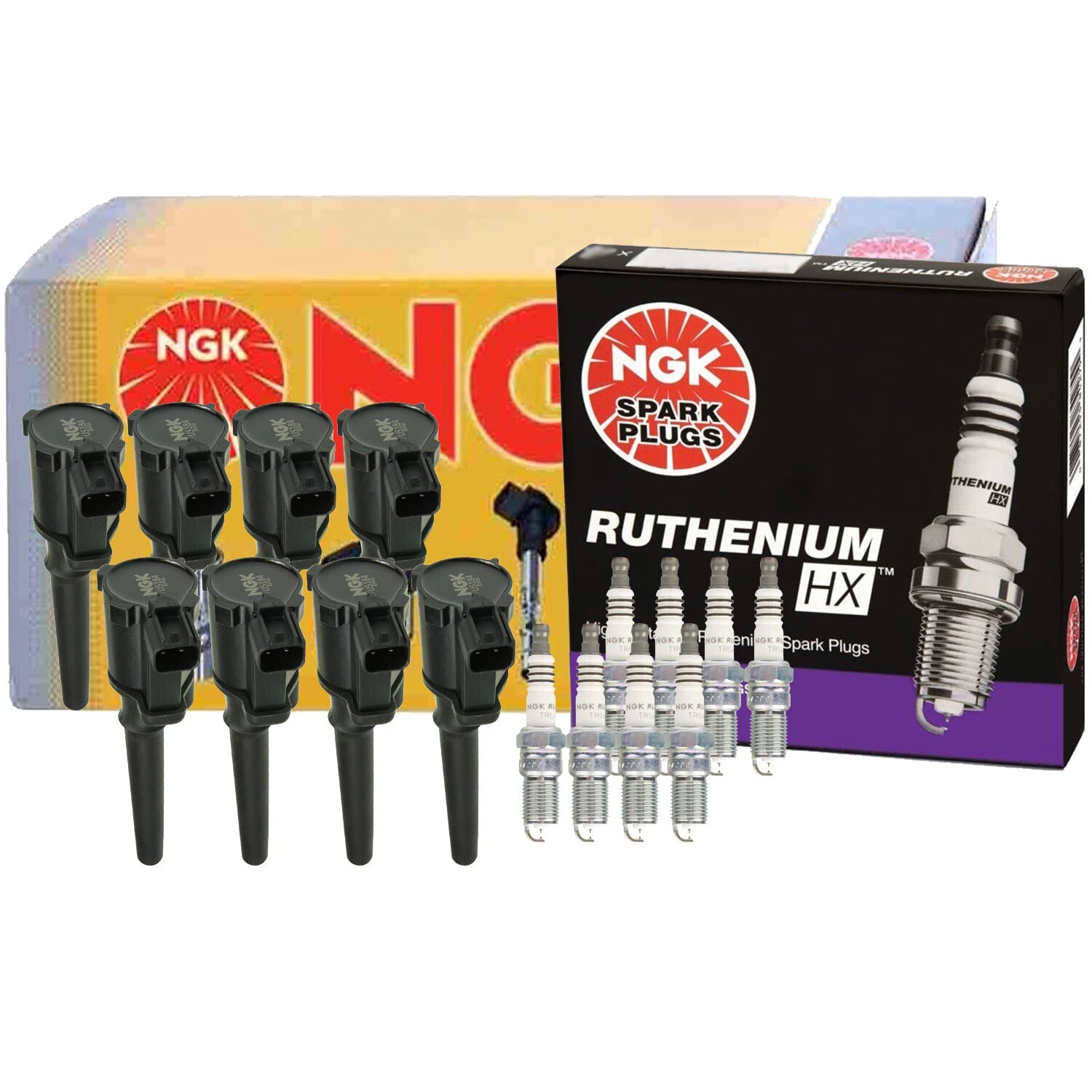 Set of 8 NGK COP Ignition Coils & Ruthenium HX Spark Plugs for Ford Lincoln