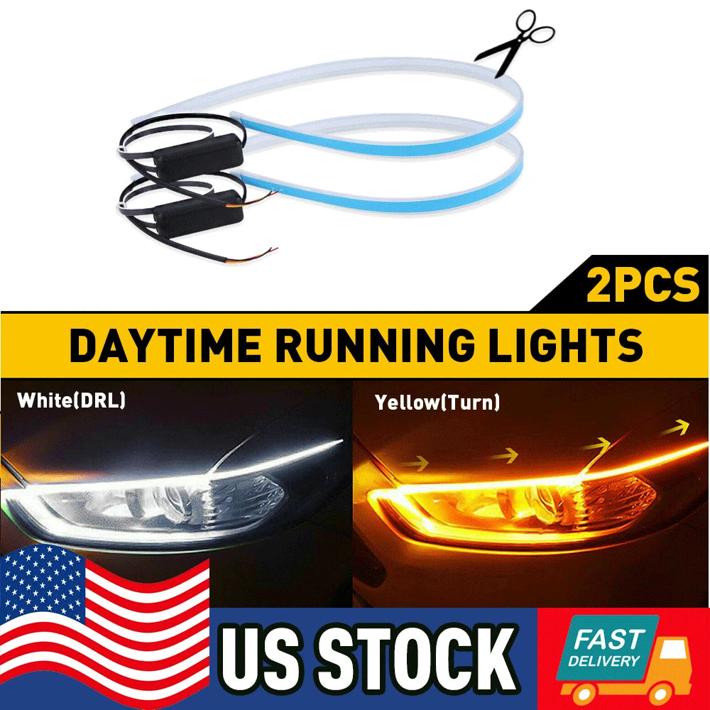 2X 60cm LED Switchback DRL Tube Light Strip for Universal Vehicles