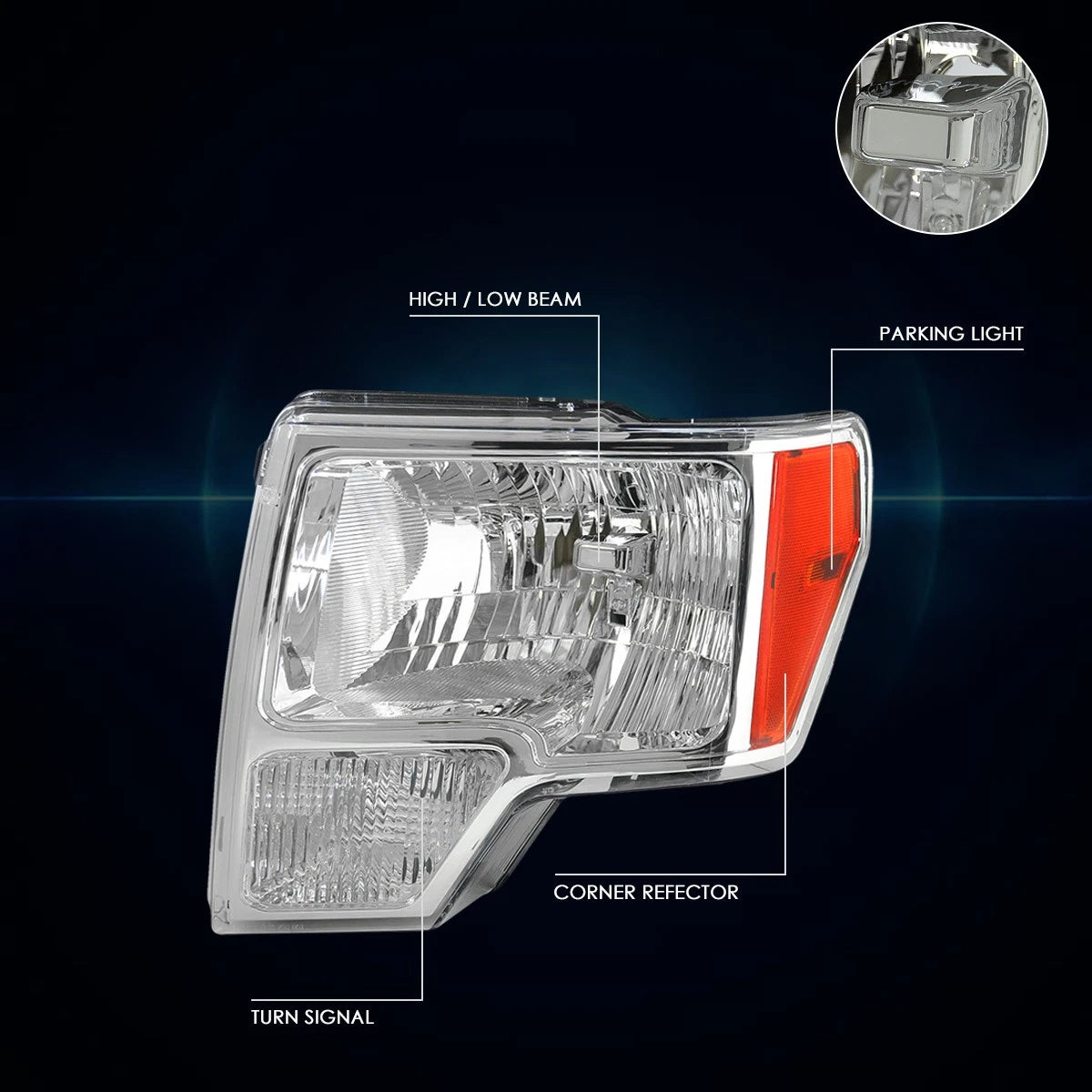 Chrome Housing Headlight & Amber Side Corner Lamps for Ford F150 (2009–2014)